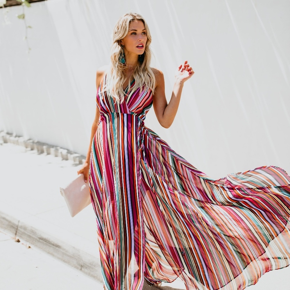 Caliente Striped Wrap Maxi Dress NWT